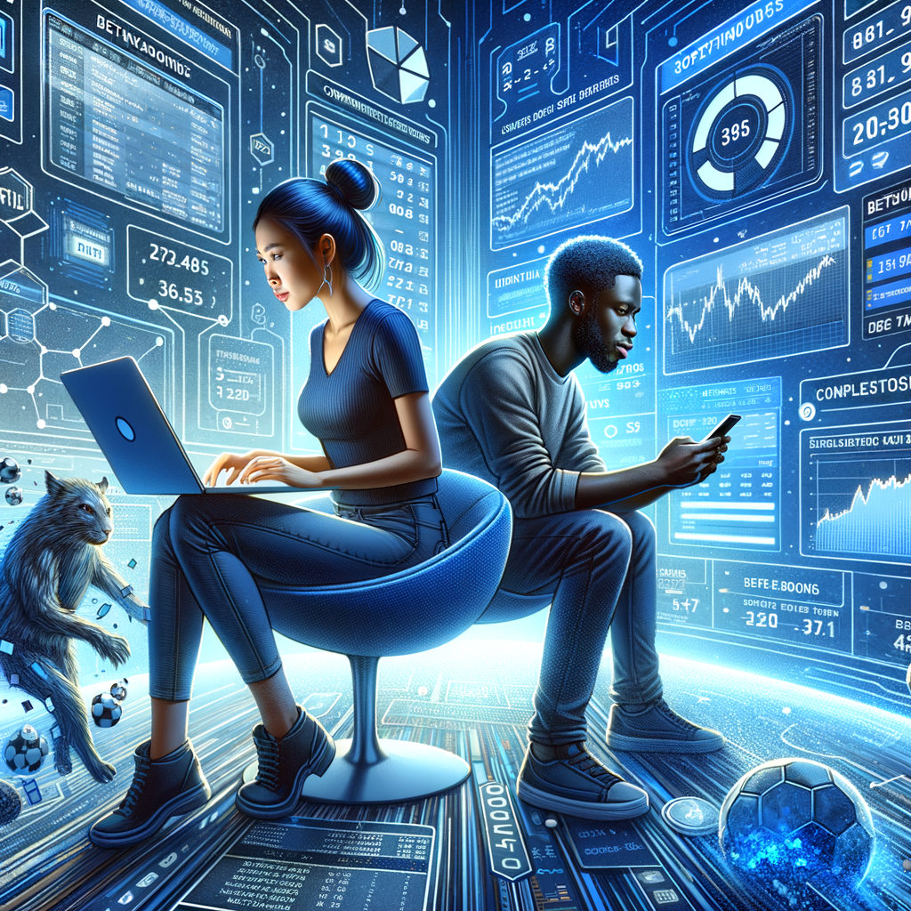 A modern digital illustration showing a person using a laptop and smartphone to analyze betting odds. The background features a split-screen showing sportsbook odds on one side and a betting exchange on the other. The character is calm, focused, with charts, numbers, and graphs surrounding the scene. The art style is clean, semi-realistic with a tech-savvy, data-driven atmosphere.
