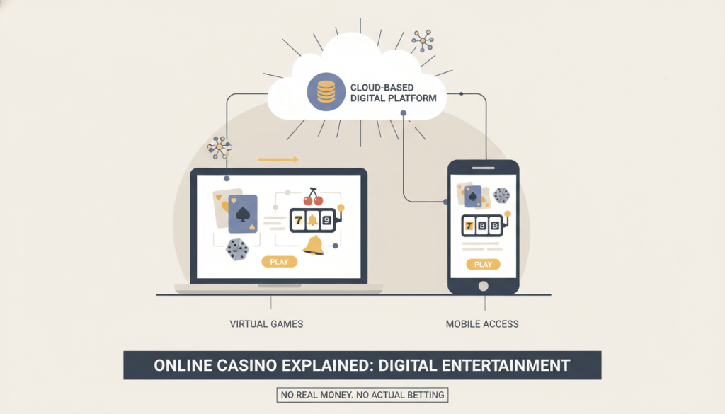 Illustration explaining what an online casino is, showing digital casino games accessed through a computer and mobile devices.