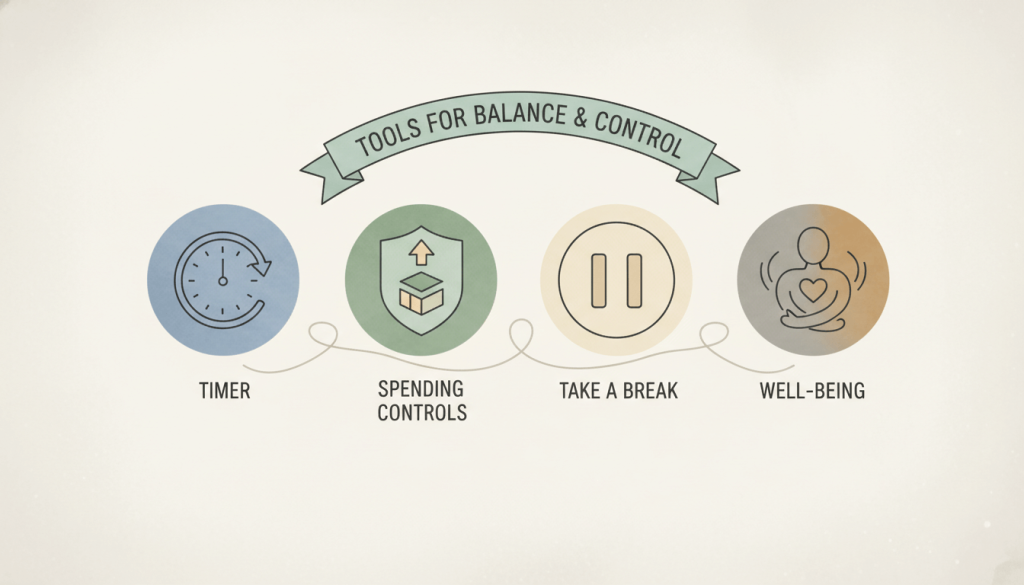Illustration showing responsible gambling tools such as spending limits, time controls, and player protection features.