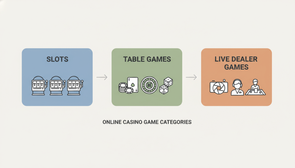 Diagram showing the main types of online casino games, including slots, table games, and live dealer formats.
