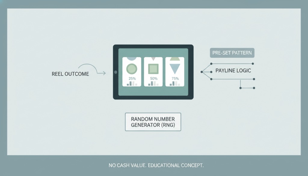 Educational illustration of online slot games, highlighting software-based reels and random outcomes without real-money imagery.