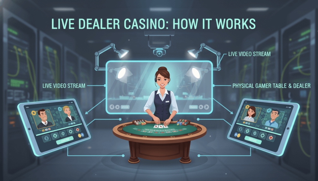 Illustration showing how live dealer casino games work, with a real dealer streamed to players through an online platform.
