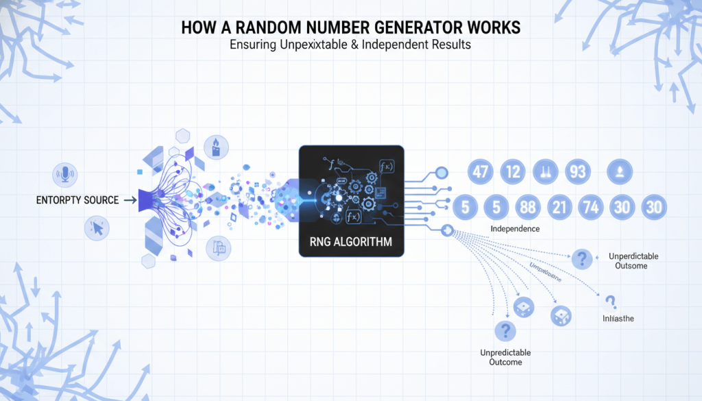 Diagram explaining how random number generators work in online casino games to produce unpredictable and independent results.