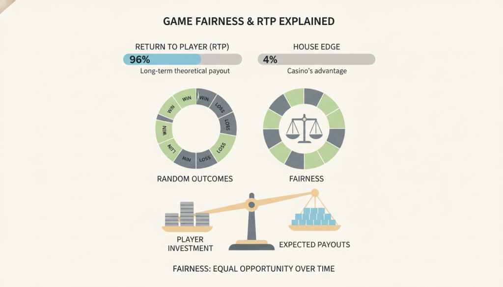 Infographic illustrating game fairness and return to player percentages, explaining long-term probability in casino games.