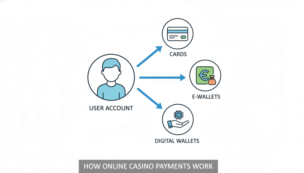 Illustration showing how online casino payment systems connect player accounts with different digital payment methods.