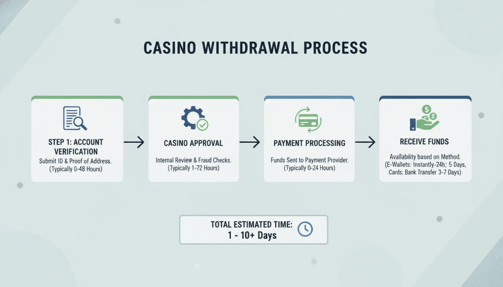 Step-by-step illustration explaining the online casino withdrawal process and typical payment timelines.
