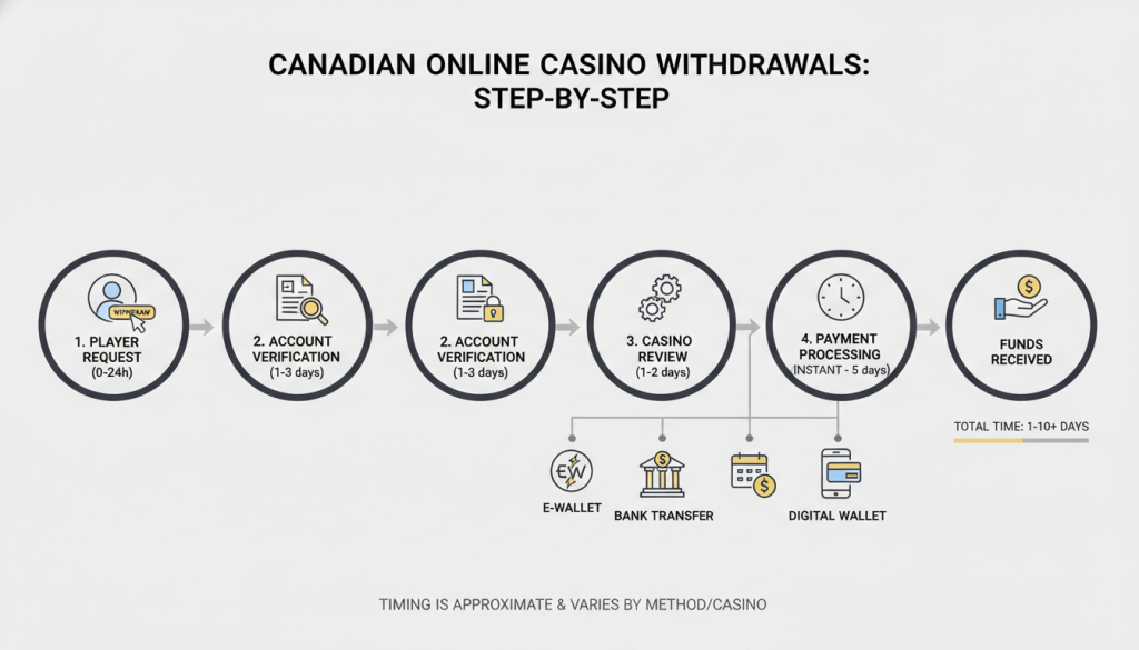 Step-by-step illustration explaining how online casino withdrawals are processed for Canadian players.